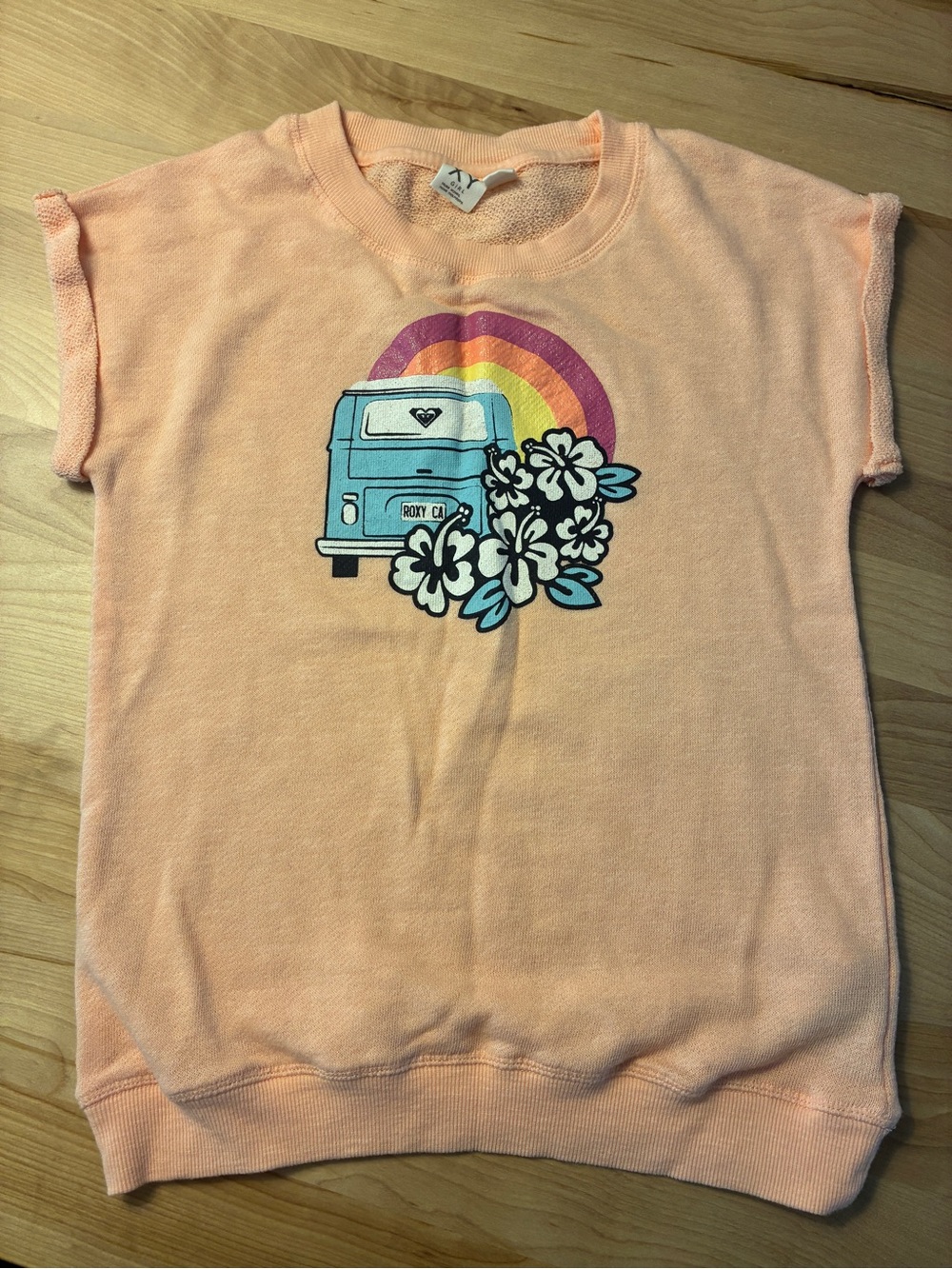 Roxy Peach Tee with Blue Van and Rainbow Graphic